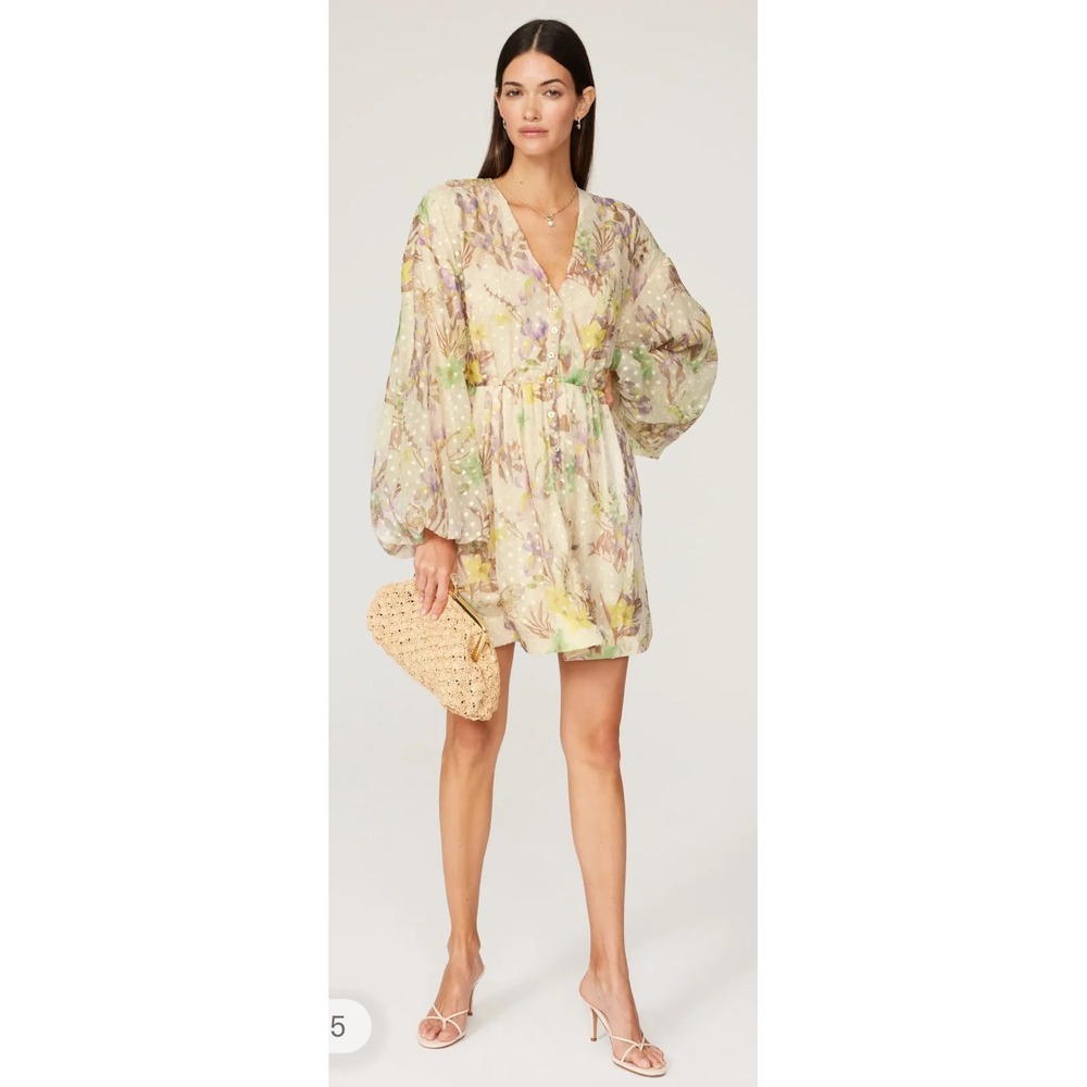 Alexis Floral Print Mini Dress Balloon Sleeve Button Front Tie‎ Waist Sheer - Picture 3 of 11